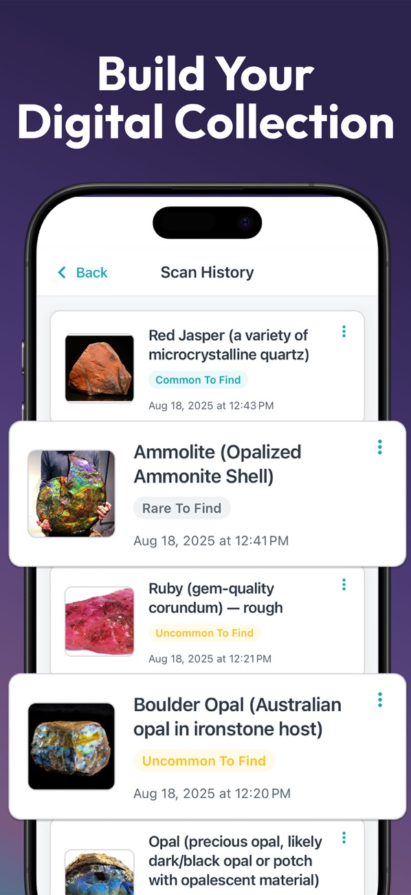 iPhone App Store screenshot of the saved specimen collection, including jasper, ammolite, ruby, and opal