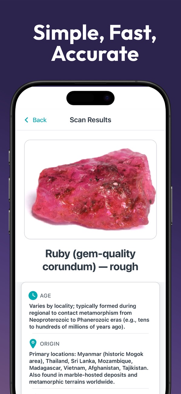 iPhone App Store screenshot showing a suggested rough ruby identification and geological details
